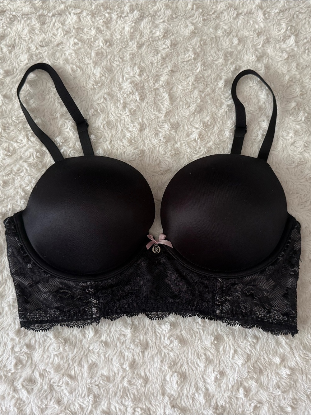 Victoria's Secret Black Lace Longline Push Up Bra with Pink Bow